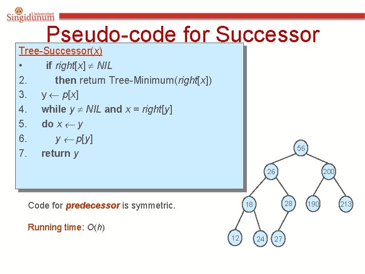 Pseudo-code for Successor Tree-Successor(x) • if right[x] NIL 2. then return Tree-Minimum(right[x]) 3. y
