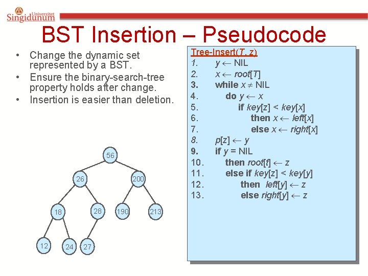 BST Insertion – Pseudocode • Change the dynamic set represented by a BST. •