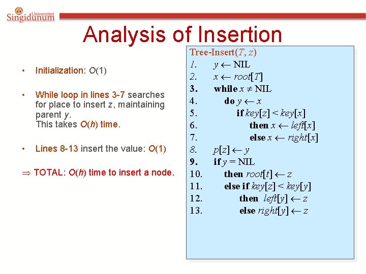 Analysis of Insertion • Initialization: O(1) • While loop in lines 3 -7 searches