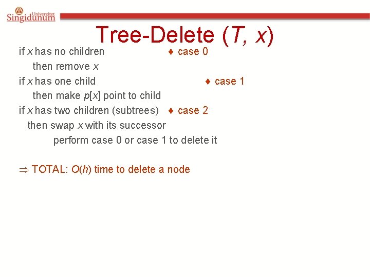 Tree-Delete (T, x) if x has no children case 0 then remove x if