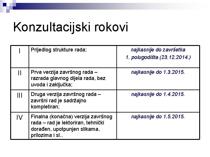 Konzultacijski rokovi I Prijedlog strukture rada; najkasnije do završetka 1. polugodišta (23. 12. 2014.