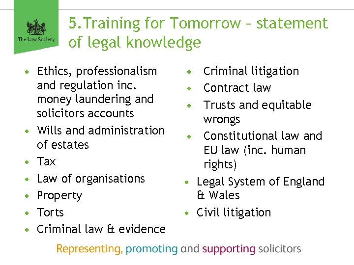 5. Training for Tomorrow – statement of legal knowledge • Ethics, professionalism and regulation