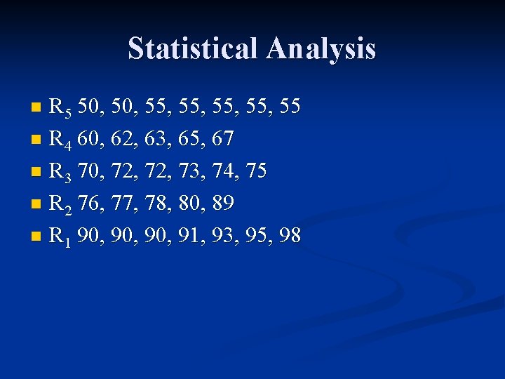 Statistical Analysis R 5 50, 55, 55, 55 n R 4 60, 62, 63,