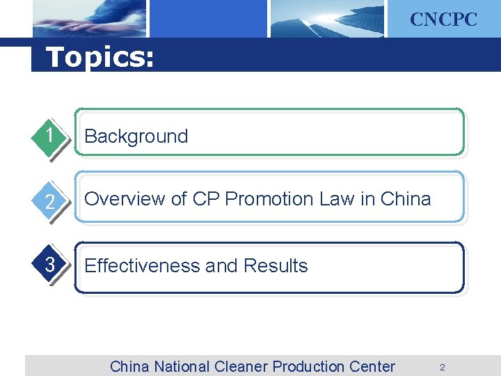 CNCPC Topics: 1 Background 2 Overview of CP Promotion Law in China 3 3