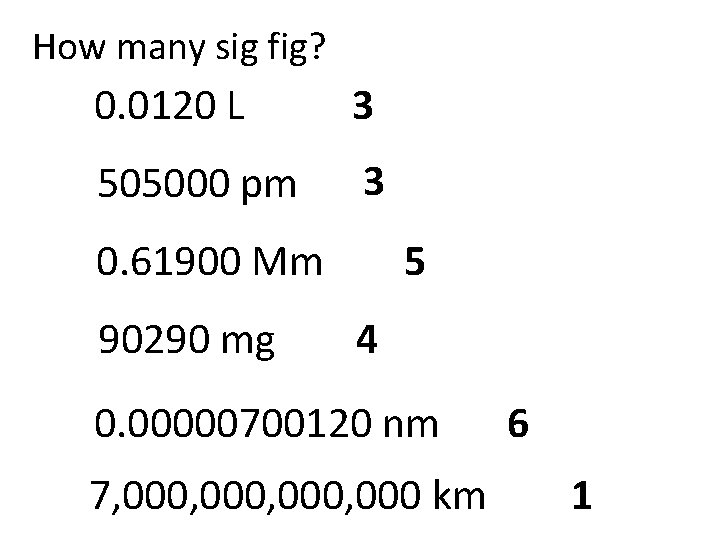 How many sig fig? 0. 0120 L 3 505000 pm 3 5 0. 61900