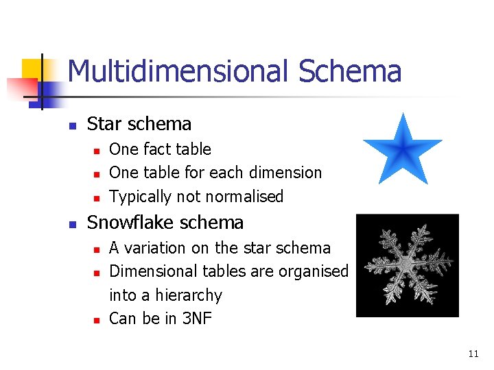 Multidimensional Schema n Star schema n n One fact table One table for each