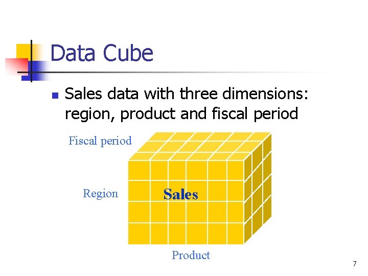 Data Cube n Sales data with three dimensions: region, product and fiscal period Fiscal