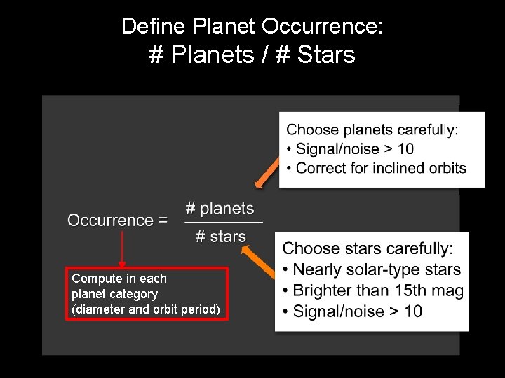 Define Planet Occurrence: # Planets / # Stars Compute in each planet category (diameter