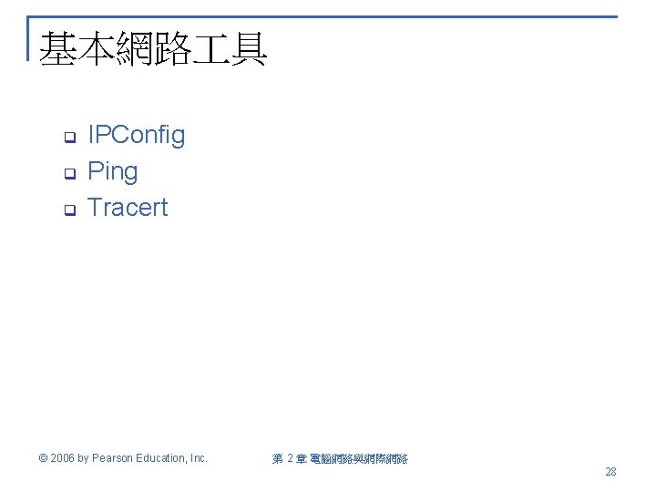 基本網路 具 q q q IPConfig Ping Tracert © 2006 by Pearson Education, Inc.