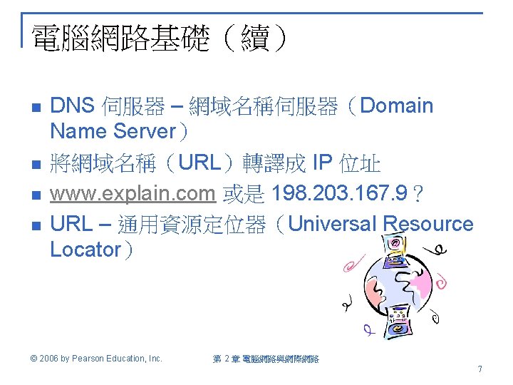 電腦網路基礎（續） n n DNS 伺服器 – 網域名稱伺服器（Domain Name Server） 將網域名稱（URL）轉譯成 IP 位址 www. explain.