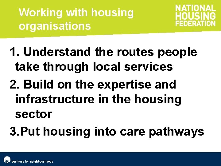 Working with housing organisations 1. Understand the routes people take through local services 2.