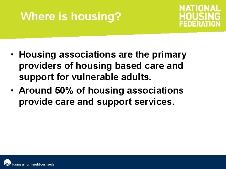 Where is housing? • Housing associations are the primary providers of housing based care