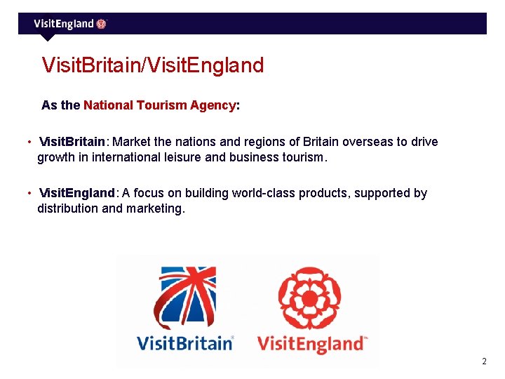 Visit. Britain/Visit. England As the National Tourism Agency: • Visit. Britain: Market the nations