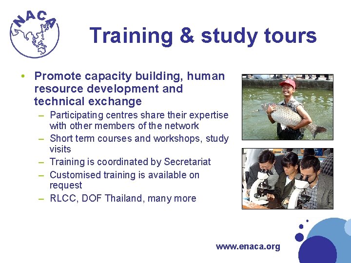 Training & study tours • Promote capacity building, human resource development and technical exchange Training & study tours • Promote capacity building, human resource development and technical exchange
