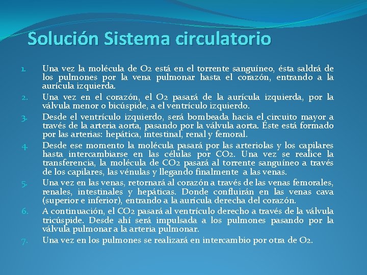 Solución Sistema circulatorio 1. 2. 3. 4. 5. 6. 7. Una vez la molécula