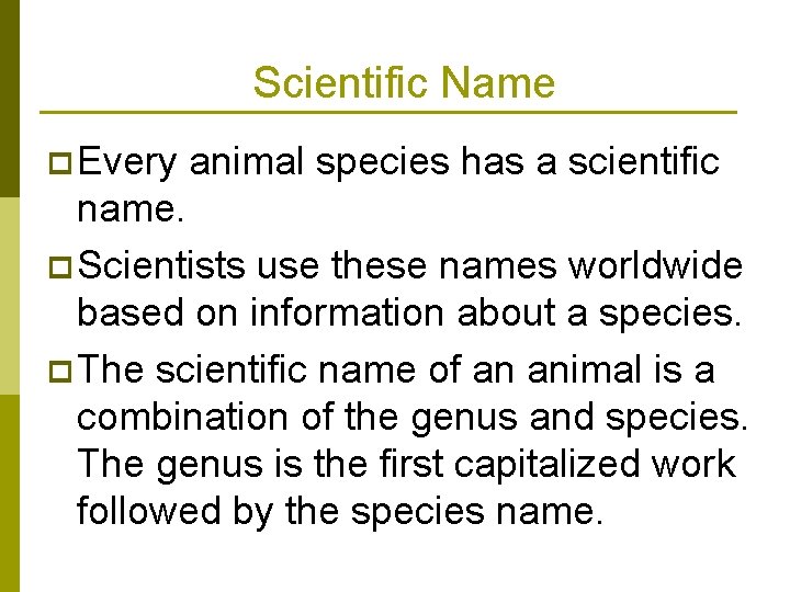 Scientific Name p Every animal species has a scientific name. p Scientists use these