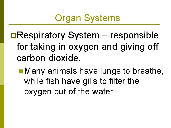 Organ Systems p. Respiratory System – responsible for taking in oxygen and giving off