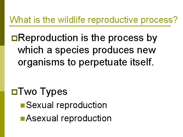 What is the wildlife reproductive process? p. Reproduction is the process by which a