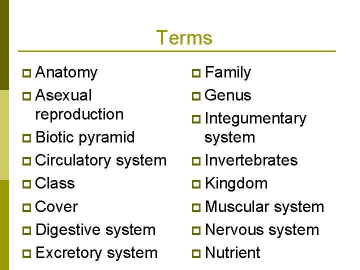 Terms p Anatomy p Family p Asexual p Genus reproduction p Biotic pyramid p