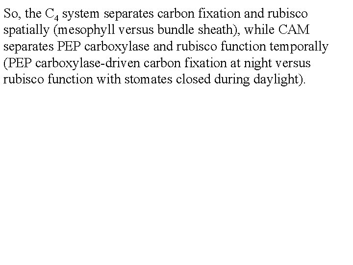So, the C 4 system separates carbon fixation and rubisco spatially (mesophyll versus bundle