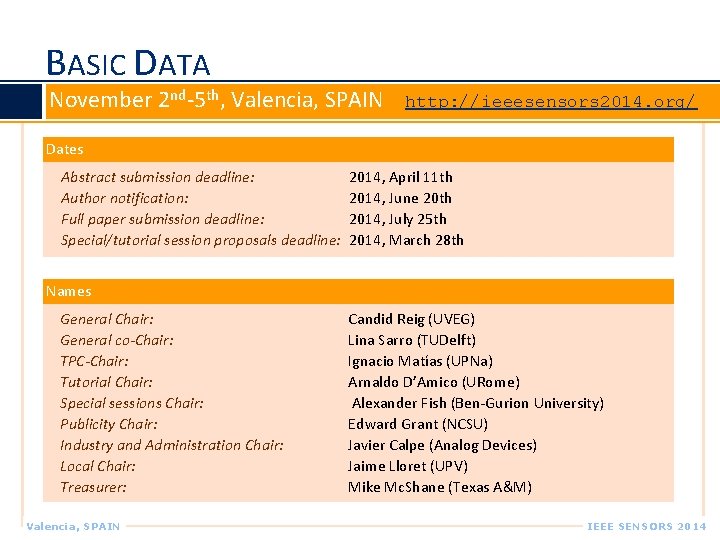 BASIC DATA November 2 nd-5 th, Valencia, SPAIN http: //ieeesensors 2014. org/ Dates Abstract