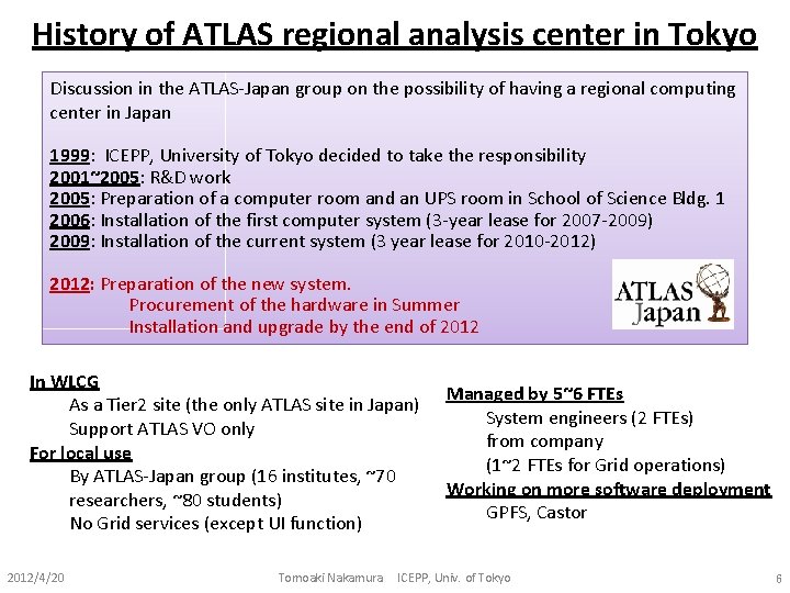 History of ATLAS regional analysis center in Tokyo Discussion in the ATLAS-Japan group on History of ATLAS regional analysis center in Tokyo Discussion in the ATLAS-Japan group on
