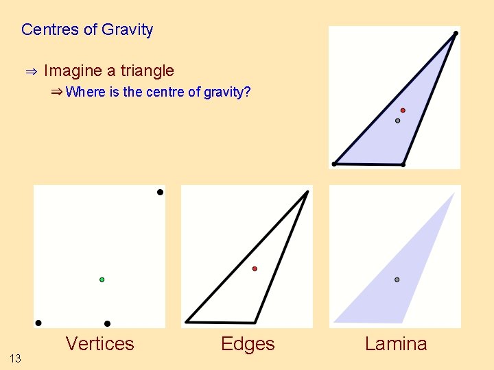 Centres of Gravity ⇒ Imagine a triangle ⇒ Where is the centre of gravity?