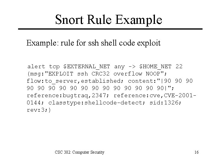 Snort Rule Example: rule for ssh shell code exploit alert tcp $EXTERNAL_NET any ->