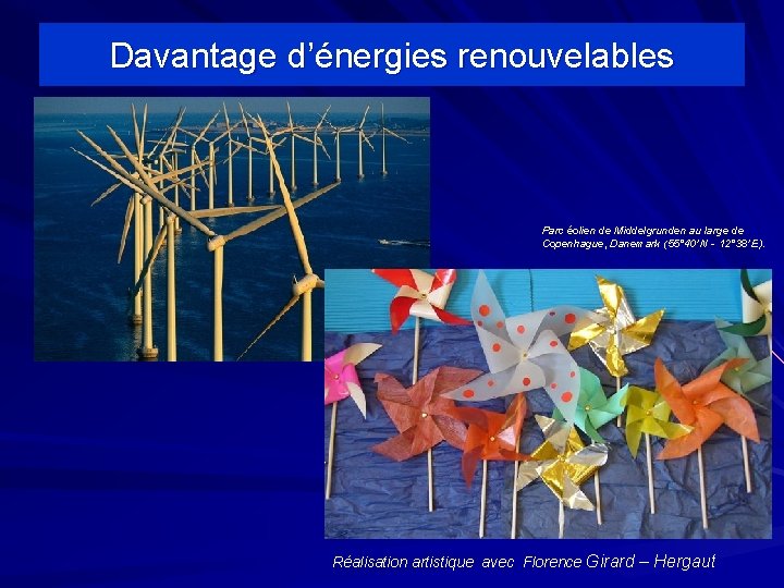 Davantage d’énergies renouvelables Parc éolien de Middelgrunden au large de Copenhague, Danemark (55° 40'