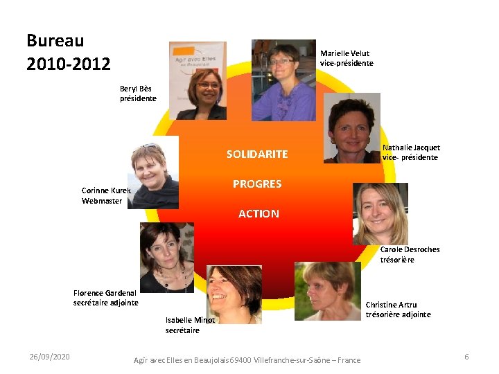 Bureau 2010 -2012 Marielle Velut vice-présidente Beryl Bès présidente SOLIDARITE Nathalie Jacquet vice- présidente