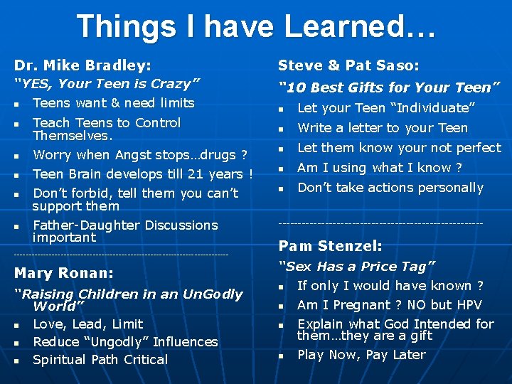 Things I have Learned… Dr. Mike Bradley: Steve & Pat Saso: “YES, Your Teen