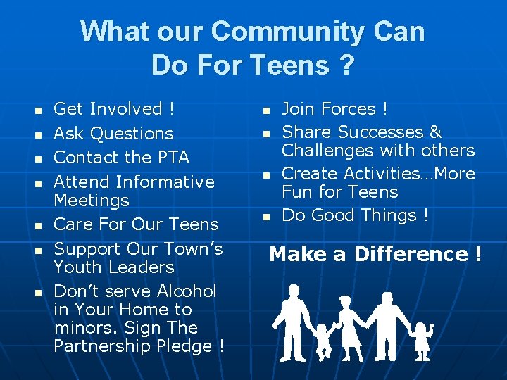 What our Community Can Do For Teens ? n n n n Get Involved