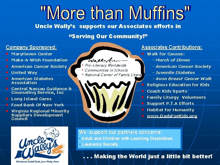 Uncle Wally’s supports our Associates efforts in “Serving Our Community!” Company Sponsored: • Mary.