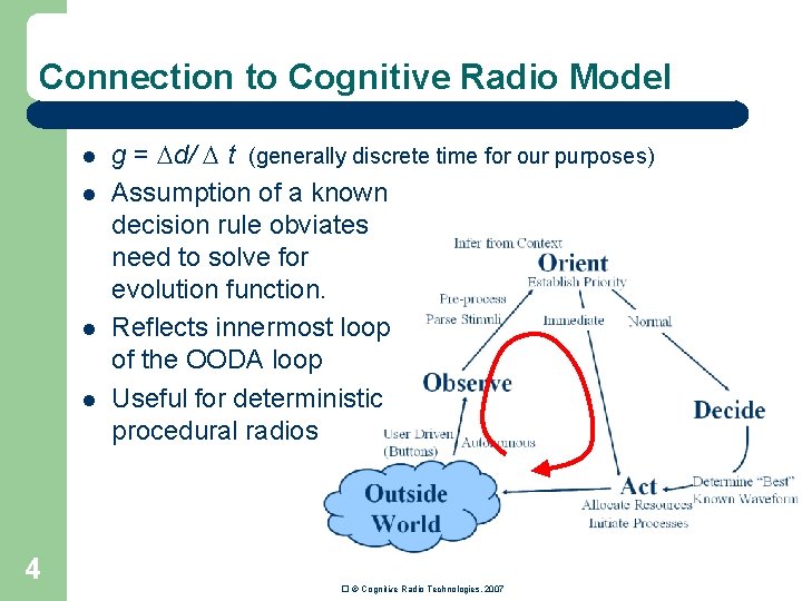 Connection to Cognitive Radio Model l l 4 g = d/ t (generally discrete