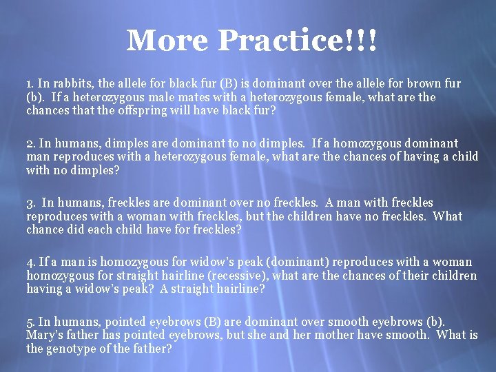 More Practice!!! 1. In rabbits, the allele for black fur (B) is dominant over