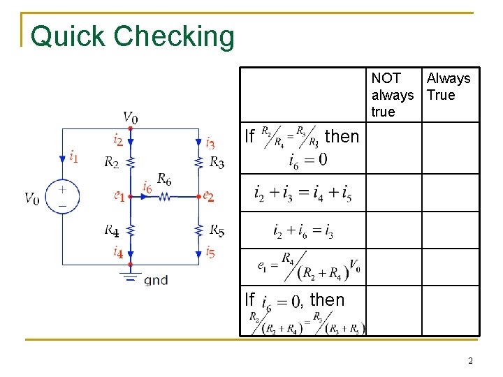 Quick Checking NOT Always always True true If If , then 2 
