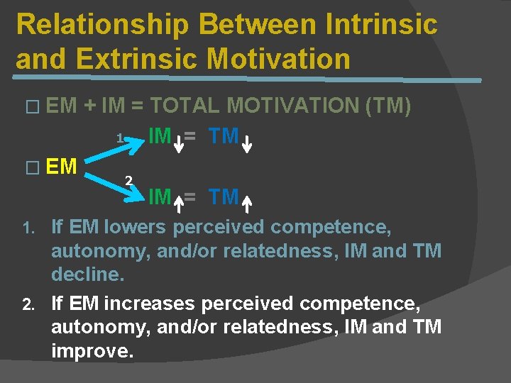 Relationship Between Intrinsic and Extrinsic Motivation � EM + IM = TOTAL MOTIVATION (TM)