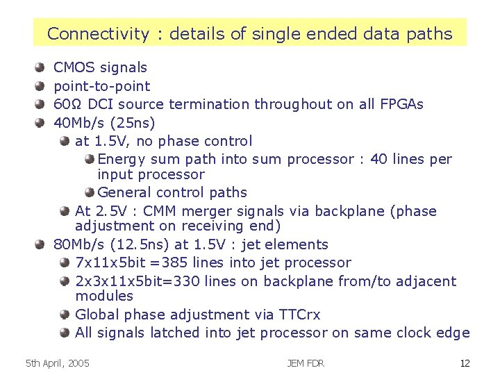 Connectivity : details of single ended data paths CMOS signals point-to-point 60Ω DCI source