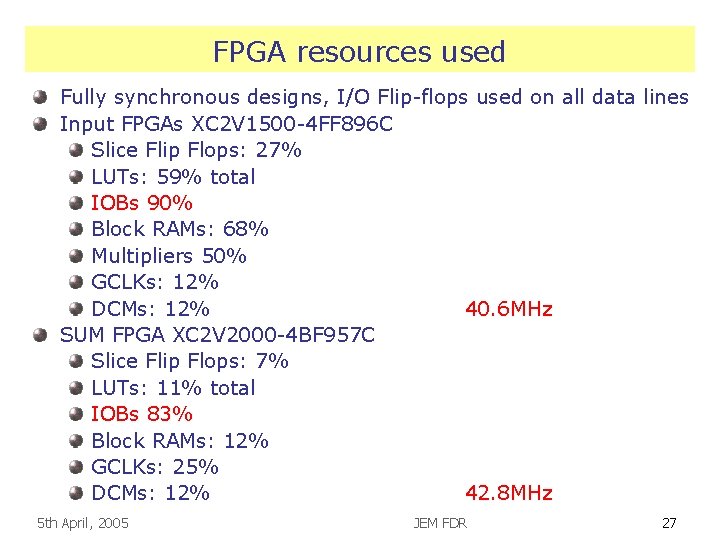 FPGA resources used Fully synchronous designs, I/O Flip-flops used on all data lines Input