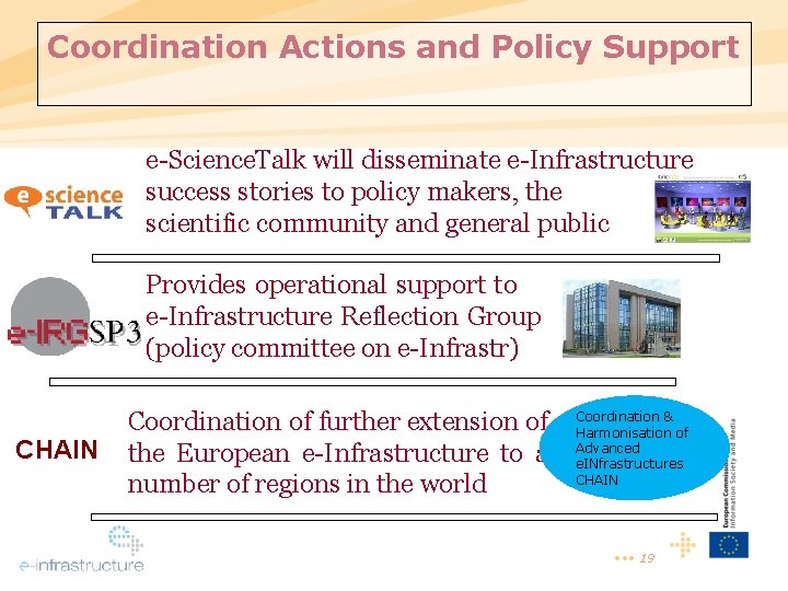 Coordination Actions and Policy Support e-Science. Talk will disseminate e-Infrastructure success stories to policy