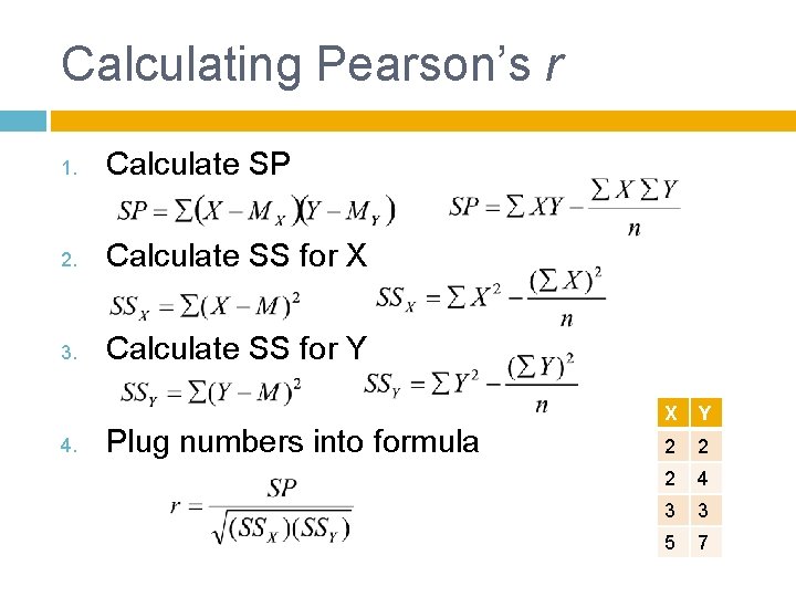 Calculating Pearson’s r 1. Calculate SP 2. Calculate SS for X 3. Calculate SS