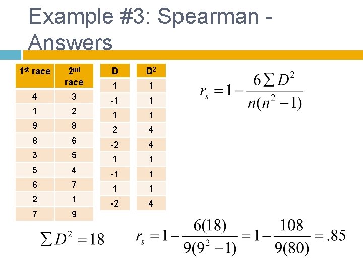 Example #3: Spearman Answers 1 st race 2 nd race D D 2 1