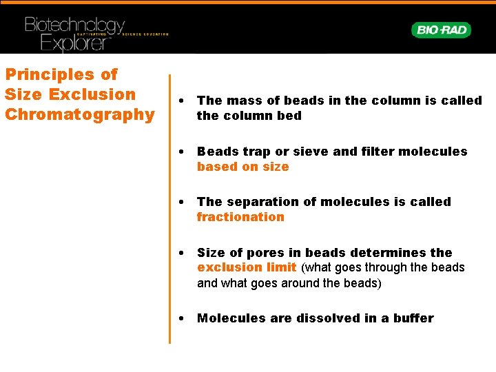 Principles of Size Exclusion Chromatography • The mass of beads in the column is