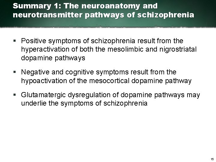 Summary 1: The neuroanatomy and neurotransmitter pathways of schizophrenia § Positive symptoms of schizophrenia