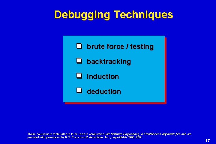 Debugging Techniques brute force / testing backtracking induction deduction These courseware materials are to