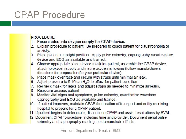 CPAP Procedure Vermont Department of Health - EMS 