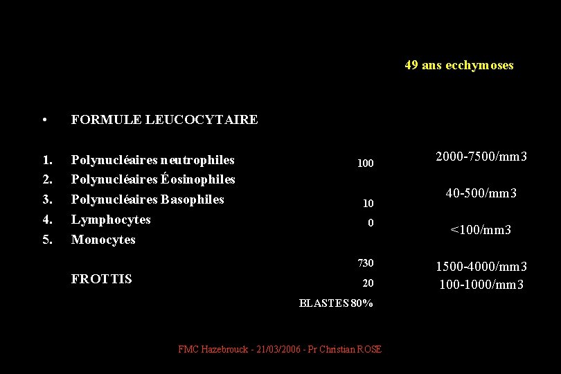 49 ans ecchymoses • FORMULE LEUCOCYTAIRE 1. 2. 3. 4. 5. Polynucléaires neutrophiles Polynucléaires