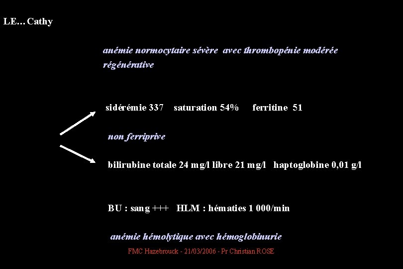 LE…Cathy anémie normocytaire sévère avec thrombopénie modérée régénérative sidérémie 337 saturation 54% ferritine 51