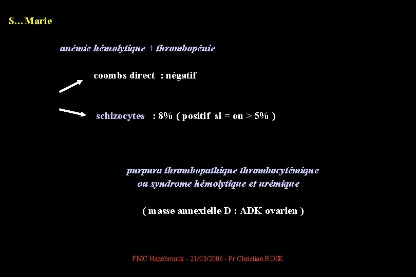 S…Marie anémie hémolytique + thrombopénie coombs direct : négatif schizocytes : 8% ( positif