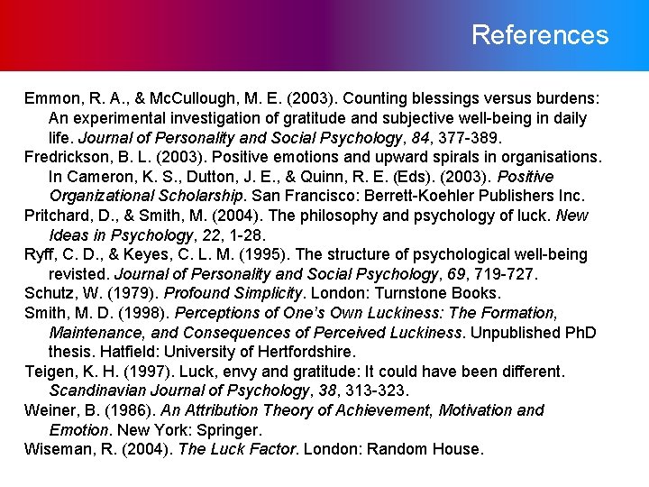 References Emmon, R. A. , & Mc. Cullough, M. E. (2003). Counting blessings versus